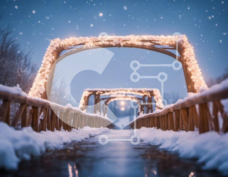 Intra Συλλεκτικό Ξύλινο Παζλ Plywood  4mm - Χιονισμένη γέφυρα με χριστουγεννιάτικα φώτα κατά τη χειμερινή περίοδο Σε Ξύλινο Κουτί - Διαστάσεις Puzzle: 10x10 cm – 25 κομμάτια