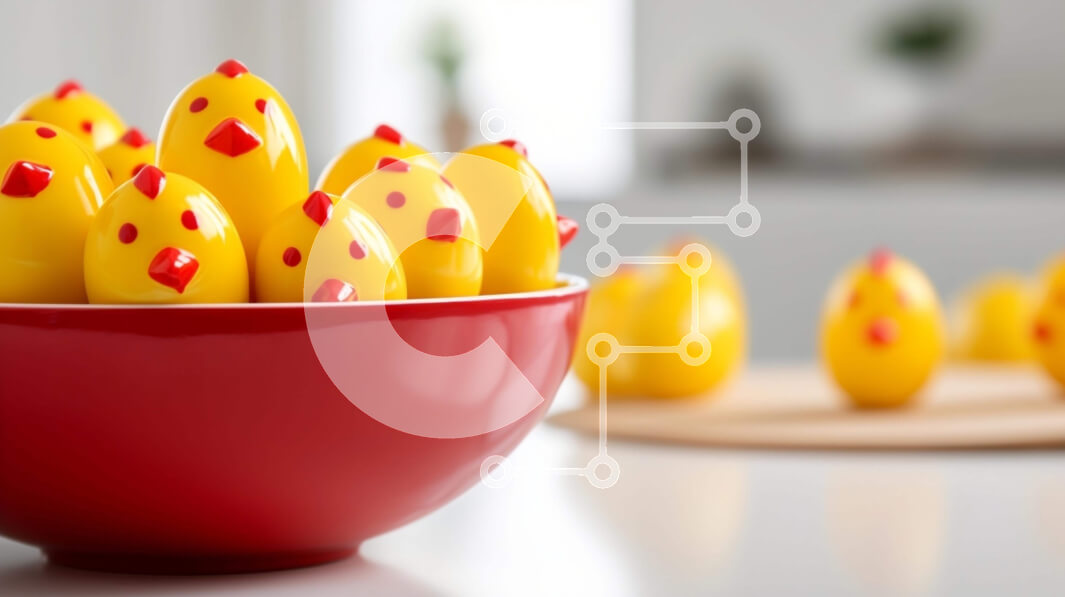 Intra Συλλεκτικό Ξύλινο Παζλ Plywood  4mm - Κόκκινο μπολ με κίτρινα πλαστικά κοτόπουλα για το πασχαλινό πάρτι Σε Ξύλινο Κουτί - Διαστάσεις Puzzle: 10x10 cm – 25 κομμάτια