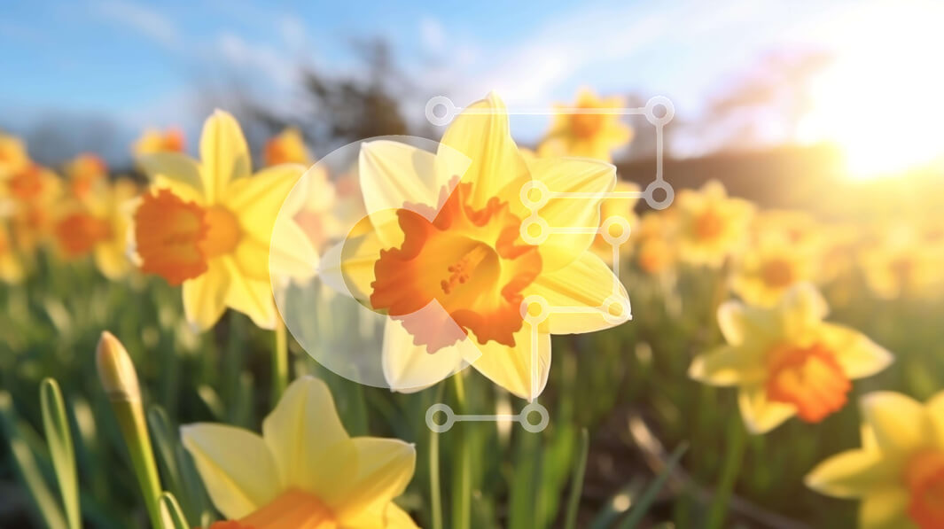 Intra Συλλεκτικό Ξύλινο Παζλ Plywood  4mm - Πεδίο με κίτρινους νάρκισσους σε άνθιση με τον ήλιο να λάμπει πίσω Σε Ξύλινο Κουτί - Διαστάσεις: 10x10 cm – 25 κομμάτια