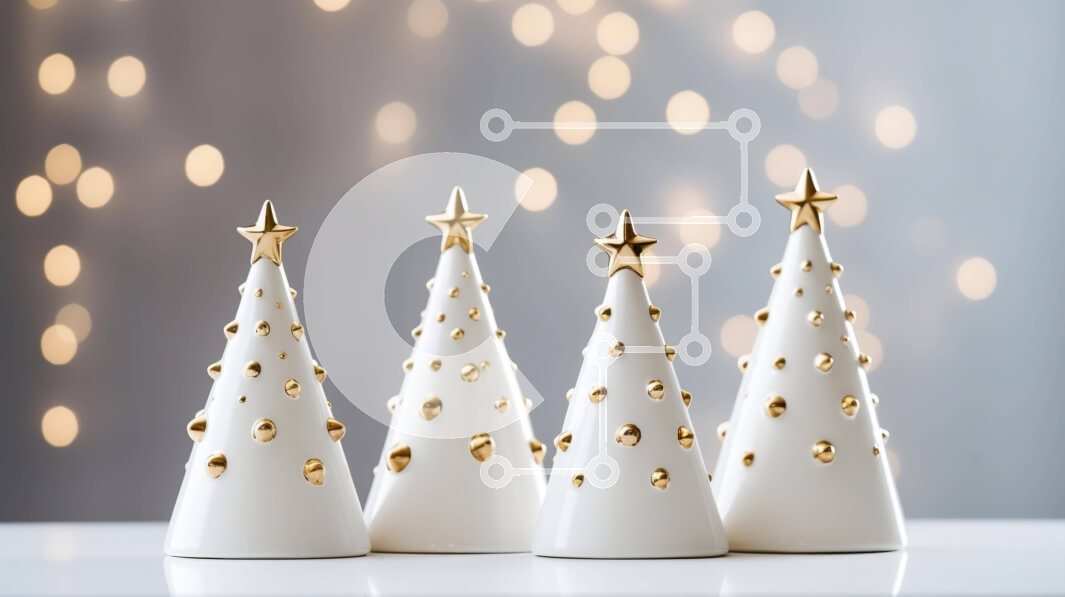 Intra Συλλεκτικό Ξύλινο Παζλ Plywood  4mm - Λευκά κεραμικά χριστουγεννιάτικα δέντρα με χρυσά αστέρια Σε Ξύλινο Κουτί - Διαστάσεις: 10x10 cm – 25 κομμάτια