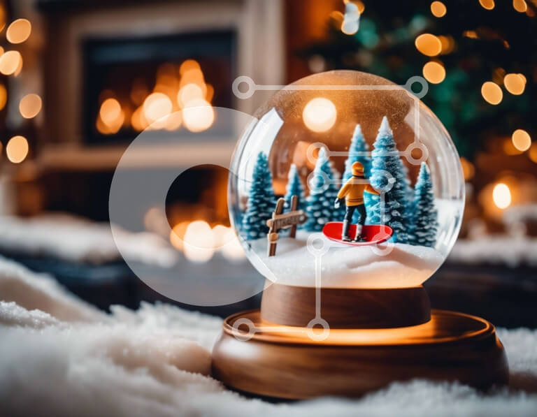 Intra Συλλεκτικό Ξύλινο Παζλ Plywood  4mm - Snowboarding σε μια σφαίρα χιονιού σε ένα διακοσμητικό τζάκι Σε Ξύλινο Κουτί - Διαστάσεις Puzzle: 10x10 cm – 25 κομμάτια