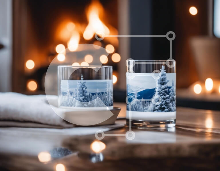 Intra Συλλεκτικό Ξύλινο Παζλ Plywood  4mm - Ποτήρια Snowy Scene στο τζάκι με το φως των κεριών Σε Ξύλινο Κουτί - Διαστάσεις Puzzle: 10x10 cm – 25 κομμάτια