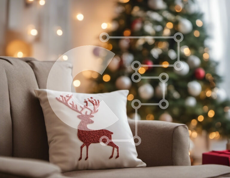 Intra Συλλεκτικό Ξύλινο Παζλ Plywood  4mm - Κόκκινο μαξιλάρι με διακοσμητικό σχέδιο ελαφιού στο εορταστικό σαλόνι Σε Ξύλινο Κουτί - Διαστάσεις: 10x10 cm – 25 κομμάτια