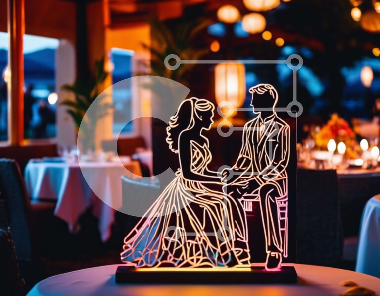 Intra Συλλεκτικό Ξύλινο Παζλ Plywood  4mm - Ρομαντικό δείπνο με νέον σιλουέτα ζευγάρι Σε Ξύλινο Κουτί - Διαστάσεις: 10x10 cm – 25 κομμάτια