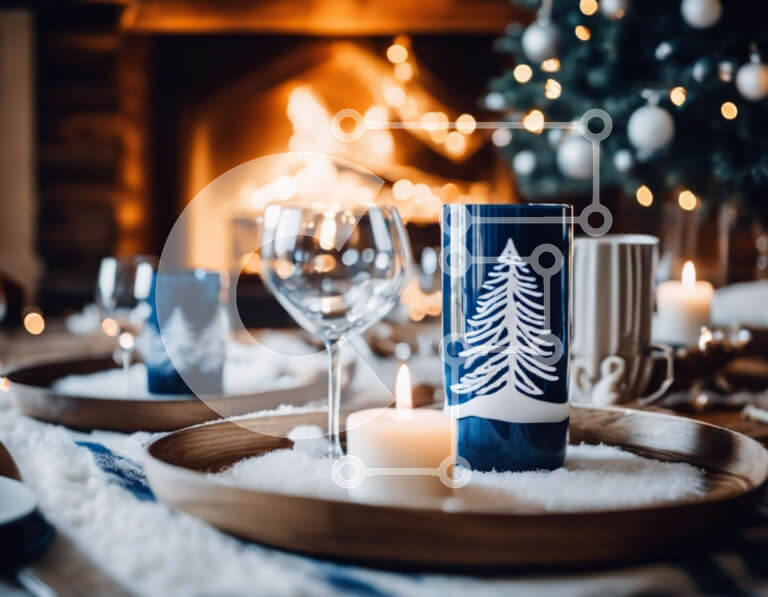 Intra Συλλεκτικό Ξύλινο Παζλ Plywood  4mm - Χριστουγεννιάτικο Τραπέζι με Μπλε και Λευκά βάζα Σε Ξύλινο Κουτί - Διαστάσεις: 10x10 cm – 25 κομμάτια