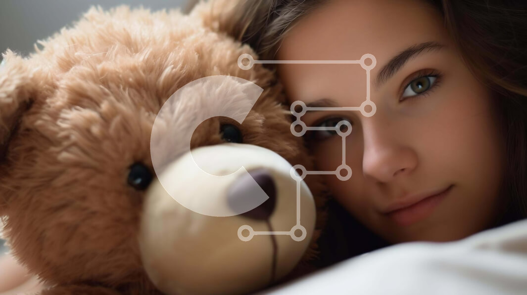 Intra Συλλεκτικό Ξύλινο Παζλ Plywood  4mm - Ευτυχισμένη νεαρή γυναίκα με το αρκουδάκι στο κρεβάτι Σε Ξύλινο Κουτί - Διαστάσεις Puzzle: 10x10 cm – 25 κομμάτια