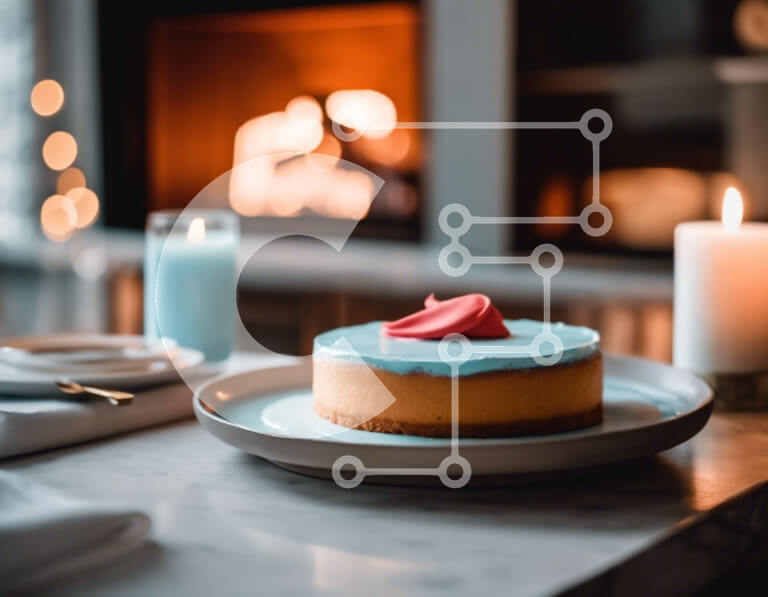 Σετ των 2 Intra Συλλεκτικό Ξύλινο Παζλ Plywood  4mm - Κέικ με μπλε και άσπρο πάγωμα στο τραπέζι μπροστά από το τζάκι Σε Ξύλινο Κουτί - Διαστάσεις: 10x10 cm – 25 κομμάτια