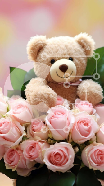 Σετ των 2 Intra Συλλεκτικό Ξύλινο Παζλ Plywood  4mm - Teddy Bear ανάμεσα σε ροζ τριαντάφυλλα και πράσινο Σε Ξύλινο Κουτί - Διαστάσεις: 10x10 cm – 25 κομμάτια