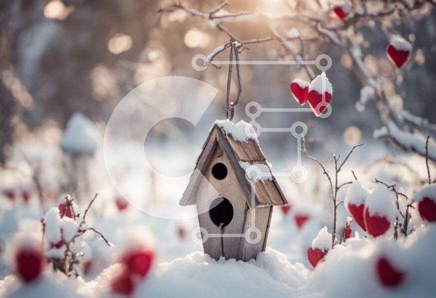 Intra Συλλεκτικό Ξύλινο Παζλ Plywood  4mm - Birdhouse στο χιόνι με κόκκινες καρδιές Σε Ξύλινο Κουτί - Διαστάσεις: 10x10 cm – 25 κομμάτια