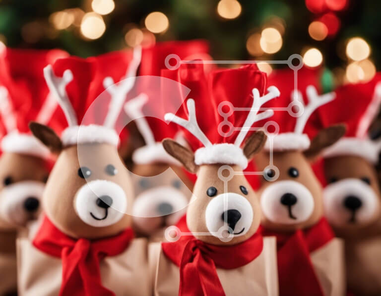 Intra Συλλεκτικό Ξύλινο Παζλ Plywood  4mm - Ομάδα ειδωλίων ταράνδων με χριστουγεννιάτικα καπέλα και κόκκινα ελαφοκέρατα Σε Ξύλινο Κουτί - Διαστάσεις: 10x10 cm – 25 κομμάτια