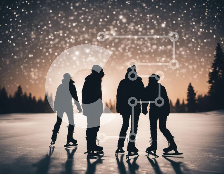 Intra Συλλεκτικό Ξύλινο Παζλ Plywood  4mm - Νυχτερινό πατινάζ στον πάγο με σιλουέτες σε χιονισμένο φόντο Σε Ξύλινο Κουτί - Διαστάσεις Puzzle: 10x10 cm – 25 κομμάτια