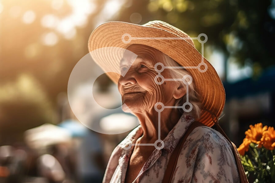 Intra Συλλεκτικό Ξύλινο Παζλ Plywood  4mm - Ευτυχισμένη ηλικιωμένη γυναίκα που απολαμβάνει την ηλιόλουστη μέρα που περιβάλλεται από ανθισμένα λουλούδια Σε Ξύλινο Κουτί - Διαστάσεις Puzzle: 10x10 cm – 25 κομμάτια