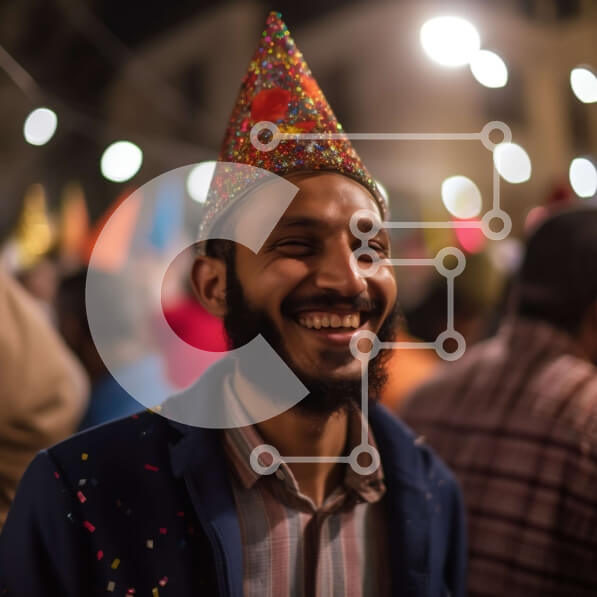 Intra Συλλεκτικό Ξύλινο Παζλ Plywood  4mm - Πολύχρωμο καπέλο για πάρτι που χαμογελά στην πολυσύχναστη οδό τη νύχτα Σε Ξύλινο Κουτί - Διαστάσεις Puzzle: 10x10 cm – 25 κομμάτια