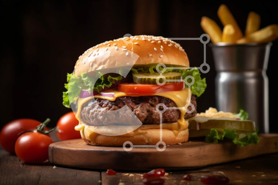 Σετ των 2 Intra Συλλεκτικό Ξύλινο Παζλ Plywood  4mm - Λαχταριστό χάμπουργκερ με τυρί, μαρούλι, ντομάτα και τηγανιτές πατάτες σε ξύλινη σανίδα Σε Ξύλινο Κουτί - Διαστάσεις: 10x10 cm – 25 κομμάτια