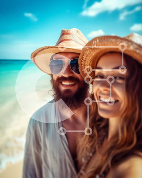 Intra Συλλεκτικό Ξύλινο Παζλ Plywood  4mm - Χαμογελαστό ζευγάρι στην παραλία με γυαλιά ηλίου και καπέλα Σε Ξύλινο Κουτί - Διαστάσεις Puzzle: 10x10 cm – 25 κομμάτια