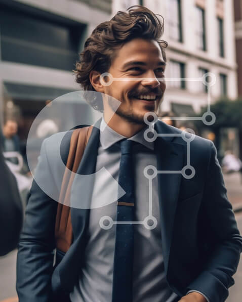 Intra Συλλεκτικό Ξύλινο Παζλ Plywood  4mm - Επαγγελματίας επιχειρηματίας που περπατά στην οδό της πόλης και χαμογελά Σε Ξύλινο Κουτί - Διαστάσεις Puzzle: 10x10 cm – 25 κομμάτια