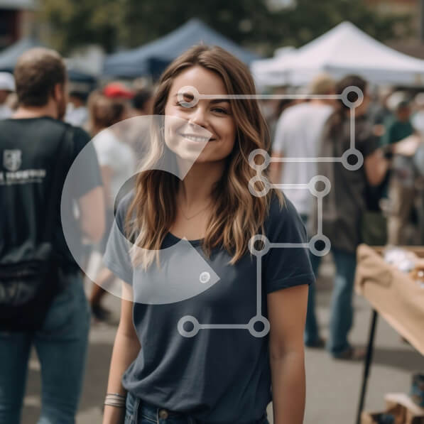 Intra Συλλεκτικό Ξύλινο Παζλ Plywood  4mm - Χαμογελαστή γυναίκα με μπλε πουκάμισο και τζιν σε πάγκο αγοράς με φρούτα και λαχανικά Σε Ξύλινο Κουτί - Διαστάσεις Puzzle: 10x10 cm – 25 κομμάτια