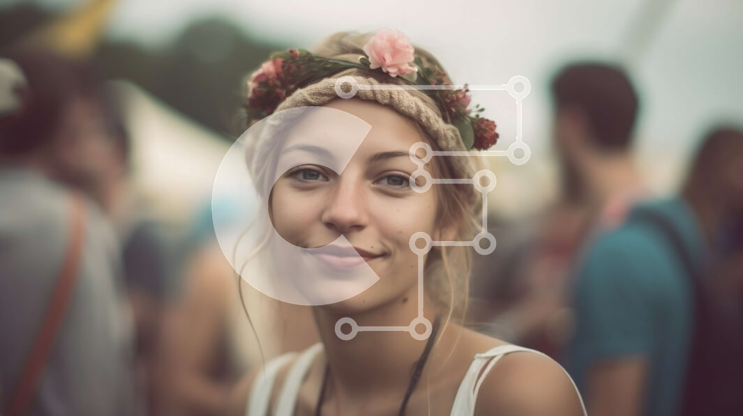 Intra Συλλεκτικό Ξύλινο Παζλ Plywood  4mm - Χαμογελαστή γυναίκα με κορώνα λουλουδιών στο φεστιβάλ μουσικής Σε Ξύλινο Κουτί - Διαστάσεις Puzzle: 10x10 cm – 25 κομμάτια