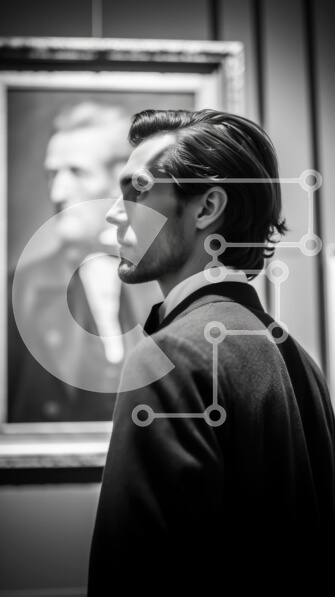 Intra Συλλεκτικό Ξύλινο Παζλ Plywood  4mm - Άνδρας με κοστούμι και γραβάτα μπροστά από τη ζωγραφική του άνδρα με κοστούμι και γραβάτα Σε Ξύλινο Κουτί - Διαστάσεις Puzzle: 10x10 cm – 25 κομμάτια