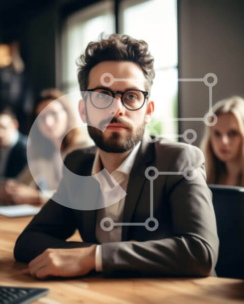 Intra Συλλεκτικό Ξύλινο Παζλ Plywood  4mm - Σοβαρός επιχειρηματίας στο γραφείο με συναδέλφους που εργάζονται στο παρασκήνιο Σε Ξύλινο Κουτί - Διαστάσεις Puzzle: 10x10 cm – 25 κομμάτια