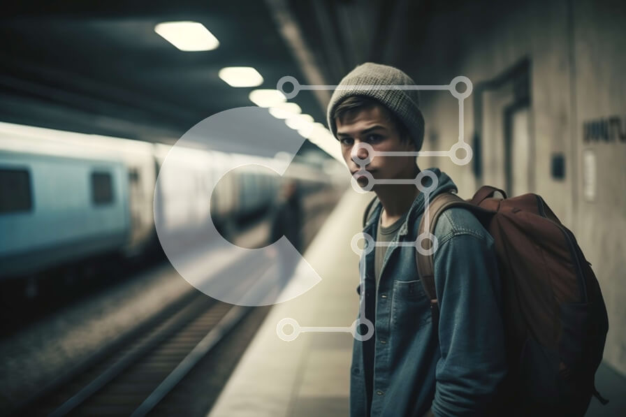 Intra Συλλεκτικό Ξύλινο Παζλ Plywood  4mm - Νεαρός άνδρας στην πλατφόρμα τρένου που κοιτάζει το τηλέφωνο Σε Ξύλινο Κουτί - Διαστάσεις Puzzle: 10x10 cm – 25 κομμάτια