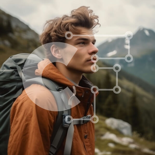 Intra Συλλεκτικό Ξύλινο Παζλ Plywood  4mm - Περιπέτεια πεζοπορίας: Νεαρός άνδρας που στέκεται στο βραχώδες μονοπάτι, απολαμβάνοντας τη θέα στο χιονισμένο βουνό Σε Ξύλινο Κουτί - Διαστάσεις: 10x10 cm – 25 κομμάτια