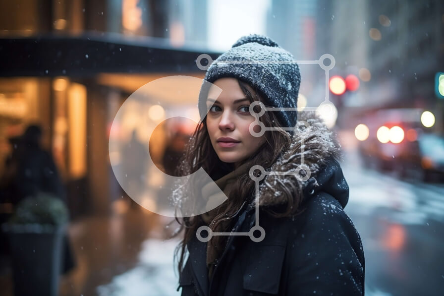 Intra Συλλεκτικό Ξύλινο Παζλ Plywood  4mm - Γυναίκα με μαύρο σακάκι και Beanie στέκεται στη Snowy Street τη νύχτα Σε Ξύλινο Κουτί - Διαστάσεις Puzzle: 10x10 cm – 25 κομμάτια