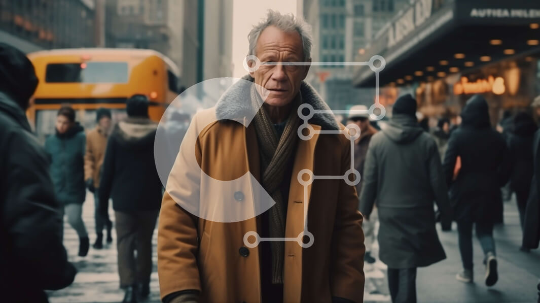 Intra Συλλεκτικό Ξύλινο Παζλ Plywood  4mm - Ηλικιωμένος άνδρας στέκεται στην πολυσύχναστη οδό της πόλης με ψηλά κτίρια και ανθρώπους στο παρασκήνιο Σε Ξύλινο Κουτί - Διαστάσεις Puzzle: 10x10 cm – 25 κομμάτια