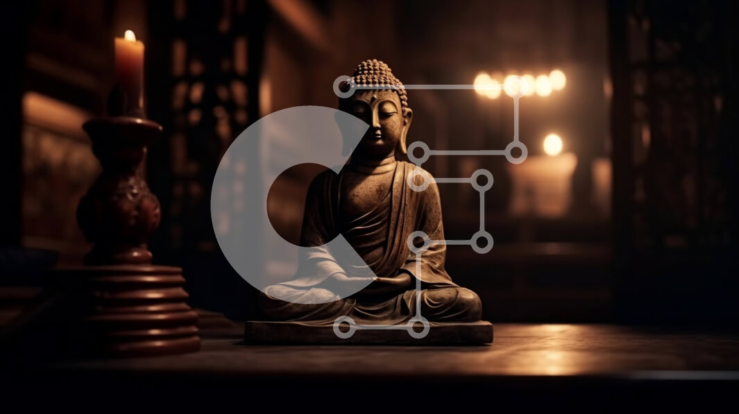 Intra Συλλεκτικό Ξύλινο Παζλ Plywood  4mm - Γαλήνια εικόνα ενός καθιστού αγάλματος του Βούδα σε ένα δωμάτιο με χαμηλό φωτισμό Σε Ξύλινο Κουτί - Διαστάσεις Puzzle: 10x10 cm – 25 κομμάτια