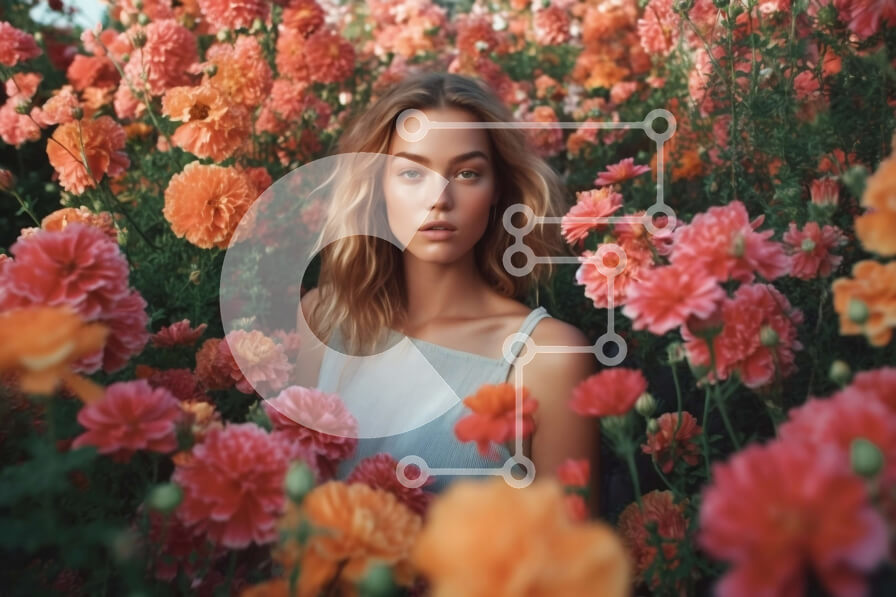 Intra Συλλεκτικό Ξύλινο Παζλ Plywood  4mm - Όμορφη γυναίκα με λευκό φόρεμα που στέκεται σε ένα χωράφι με πολύχρωμα λουλούδια Σε Ξύλινο Κουτί - Διαστάσεις: 10x10 cm – 25 κομμάτια