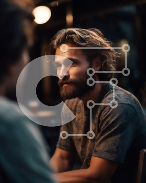 Intra Συλλεκτικό Ξύλινο Παζλ Plywood  4mm - Σοβαρός άνδρας με γένια και μακριά μαλλιά σε γκρι μπλουζάκι κοιτάζοντας το τηλέφωνο Σε Ξύλινο Κουτί - Διαστάσεις Puzzle: 10x10 cm – 25 κομμάτια