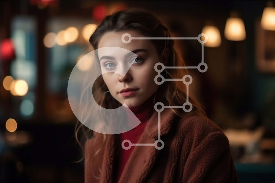 Intra Συλλεκτικό Ξύλινο Παζλ Plywood  4mm - Σοβαρή νεαρή γυναίκα με κόκκινο παλτό που κοιτάζει την κάμερα Σε Ξύλινο Κουτί - Διαστάσεις Puzzle: 10x10 cm – 25 κομμάτια