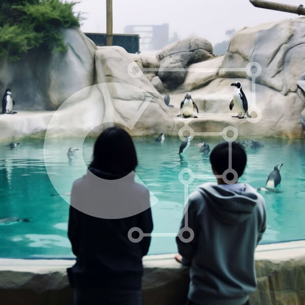 Intra Συλλεκτικό Ξύλινο Παζλ Plywood  4mm - Πιγκουίνοι που κολυμπούν στο ενυδρείο με τους ανθρώπους να παρατηρούν Σε Ξύλινο Κουτί - Διαστάσεις: 10x10 cm – 25 κομμάτια