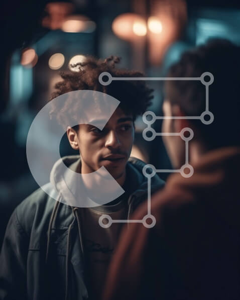 Intra Συλλεκτικό Ξύλινο Παζλ Plywood  4mm - Σοβαρός νεαρός άνδρας με Afro χτένισμα σε ένα στενό καλυμμένο με γκράφιτι Σε Ξύλινο Κουτί - Διαστάσεις Puzzle: 10x10 cm – 25 κομμάτια