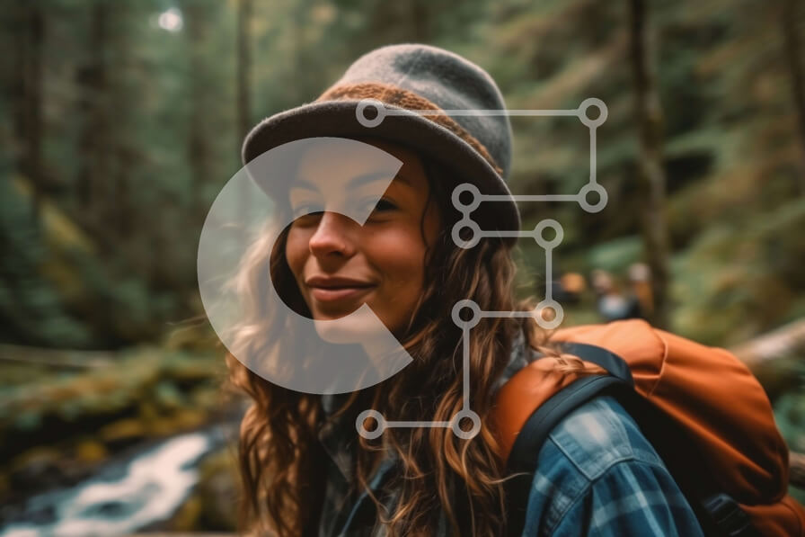 Intra Συλλεκτικό Ξύλινο Παζλ Plywood  4mm - Χαμογελαστή γυναίκα στο δάσος με σακίδιο και καπέλο Σε Ξύλινο Κουτί - Διαστάσεις: 10x10 cm – 25 κομμάτια