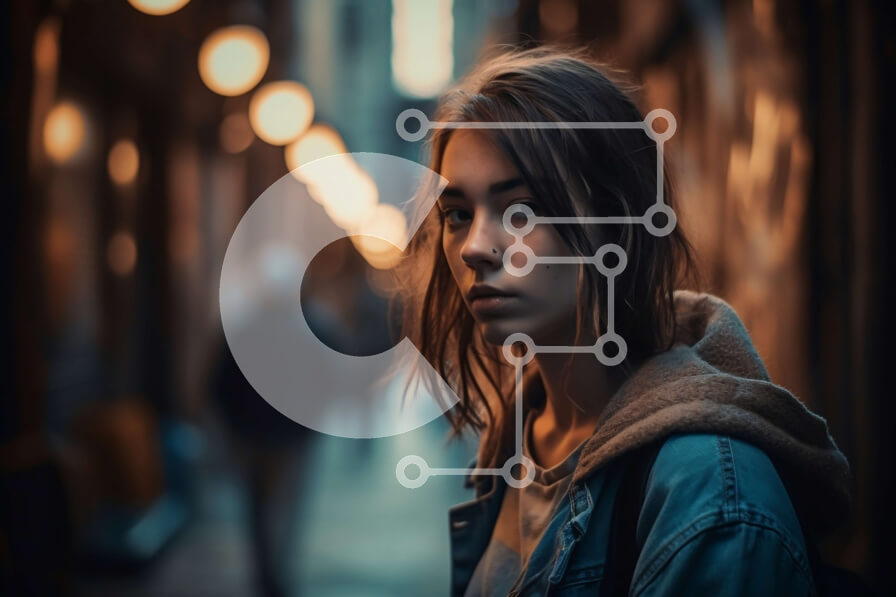 Intra Συλλεκτικό Ξύλινο Παζλ Plywood  4mm - Κομψή νεαρή γυναίκα σε ένα αστικό περιβάλλον Σε Ξύλινο Κουτί - Διαστάσεις Puzzle: 10x10 cm – 25 κομμάτια