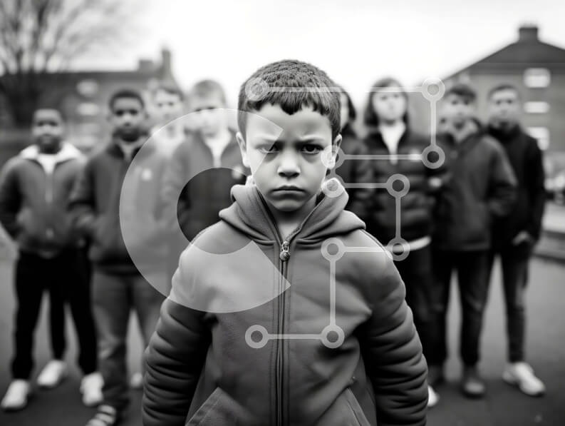 Intra Συλλεκτικό Ξύλινο Παζλ Plywood  4mm - Νεαρό αγόρι με αποφασιστική έκφραση που περιβάλλεται από συνομηλίκους Σε Ξύλινο Κουτί - Διαστάσεις Puzzle: 10x10 cm – 25 κομμάτια