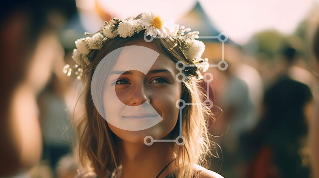 Intra Συλλεκτικό Ξύλινο Παζλ Plywood  4mm - Όμορφη εικόνα νεαρής γυναίκας με κορώνα λουλουδιών και διαφορετικό πλήθος Σε Ξύλινο Κουτί - Διαστάσεις Puzzle: 10x10 cm – 25 κομμάτια