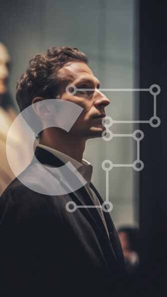 Intra Συλλεκτικό Ξύλινο Παζλ Plywood  4mm - Άνδρας με μαύρο κοστούμι που κοιτάζει το άγαλμα του άνδρα με κοστούμι και γραβάτα Σε Ξύλινο Κουτί - Διαστάσεις Puzzle: 10x10 cm – 25 κομμάτια