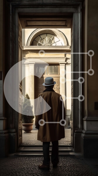 Intra Συλλεκτικό Ξύλινο Παζλ Plywood  4mm - Καλοντυμένος ηλικιωμένος άνδρας που στέκεται στην είσοδο του περίτεχνου κτηρίου Σε Ξύλινο Κουτί - Διαστάσεις Puzzle: 10x10 cm – 25 κομμάτια