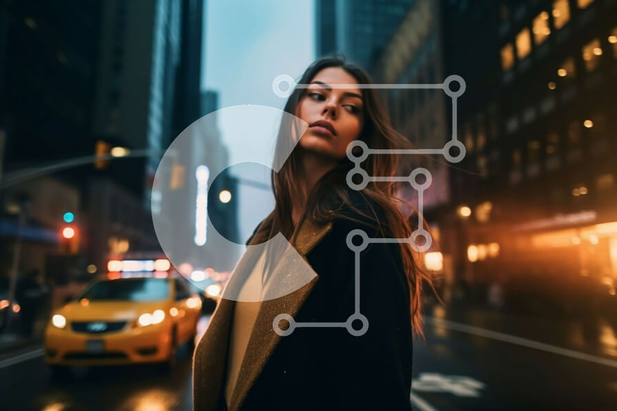 Intra Συλλεκτικό Ξύλινο Παζλ Plywood  4mm - Εκπληκτική εικόνα μιας γυναίκας στην οδό της πόλης στο σούρουπο Σε Ξύλινο Κουτί - Διαστάσεις Puzzle: 10x10 cm – 25 κομμάτια