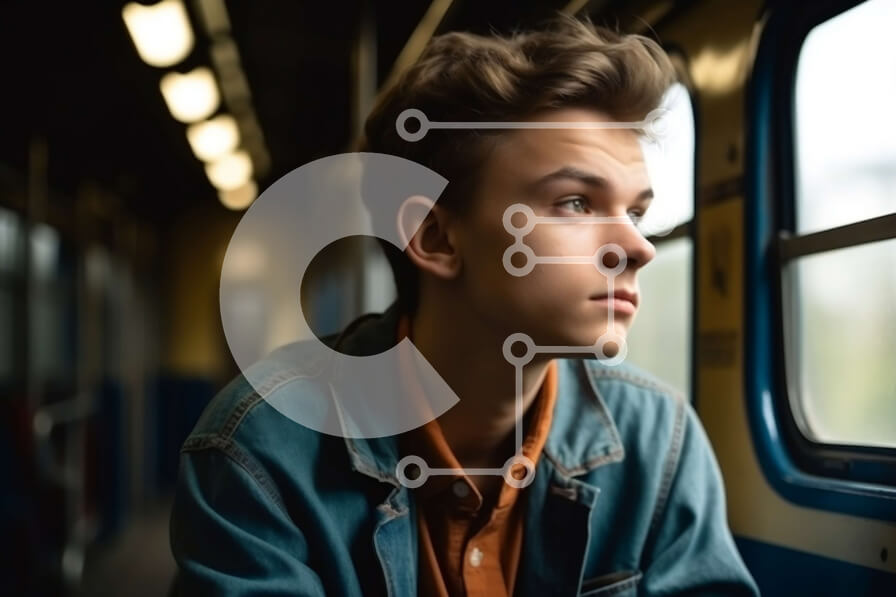 Intra Συλλεκτικό Ξύλινο Παζλ Plywood  4mm - Νεαρός άνδρας με τζιν μπουφάν και μπλε πουκάμισο κάθεται στο τρένο Σε Ξύλινο Κουτί - Διαστάσεις Puzzle: 10x10 cm – 25 κομμάτια