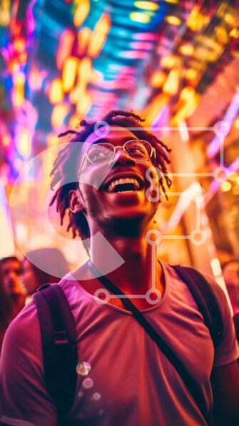 Intra Συλλεκτικό Ξύλινο Παζλ Plywood  4mm - Χαμογελαστός άνδρας με γυαλιά και μαύρο μπλουζάκι μπροστά από πολύχρωμο νέον φόντο Σε Ξύλινο Κουτί - Διαστάσεις Puzzle: 10x10 cm – 25 κομμάτια