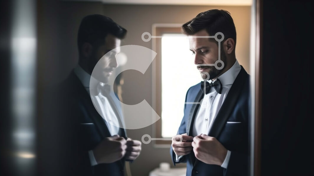 Intra Συλλεκτικό Ξύλινο Παζλ Plywood  4mm - Σοβαρός άνδρας με σμόκιν που προσαρμόζει παπιγιόν σε δωμάτιο με χαμηλό φωτισμό Σε Ξύλινο Κουτί - Διαστάσεις Puzzle: 10x10 cm – 25 κομμάτια