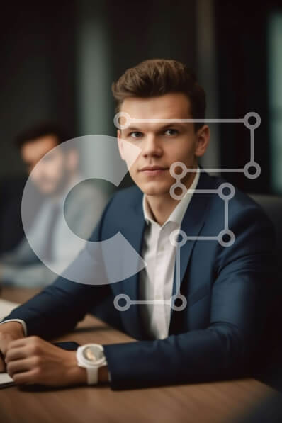 Intra Συλλεκτικό Ξύλινο Παζλ Plywood  4mm - Νεαρός άνδρας με επαγγελματική ενδυμασία κάθεται στο τραπέζι στην αίθουσα συνεδριάσεων Σε Ξύλινο Κουτί - Διαστάσεις Puzzle: 10x10 cm – 25 κομμάτια