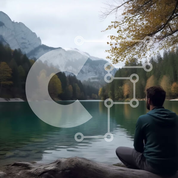 Intra Συλλεκτικό Ξύλινο Παζλ Plywood  4mm - Γαλήνια εικόνα ανθρώπου που κάθεται σε κούτσουρο με θέα στη λίμνη του βουνού με το φύλλωμα του φθινοπώρου Σε Ξύλινο Κουτί - Διαστάσεις: 10x10 cm – 25 κομμάτια