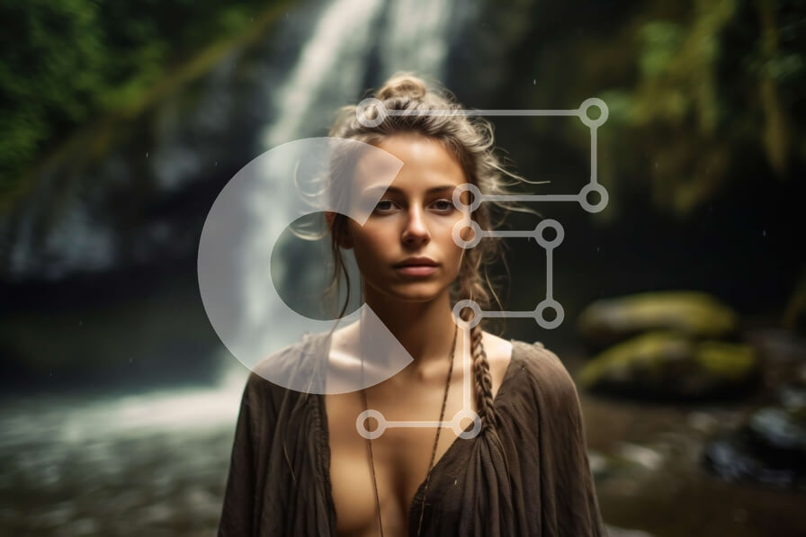 Intra Συλλεκτικό Ξύλινο Παζλ Plywood  4mm - Όμορφη εικόνα γυναίκας που στέκεται μπροστά από έναν καταρράκτη σε ένα δάσος Σε Ξύλινο Κουτί - Διαστάσεις: 10x10 cm – 25 κομμάτια