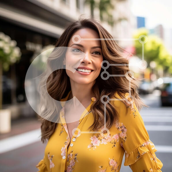 Intra Συλλεκτικό Ξύλινο Παζλ Plywood  4mm - Ευτυχισμένη γυναίκα με κίτρινο λουλουδάτο πουκάμισο στο City Street Σε Ξύλινο Κουτί - Διαστάσεις Puzzle: 10x10 cm – 25 κομμάτια