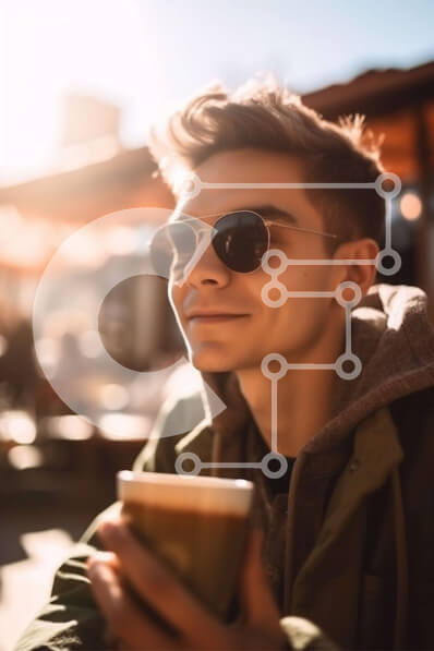 Intra Συλλεκτικό Ξύλινο Παζλ Plywood  4mm - Νεαρός άνδρας που απολαμβάνει ένα φλιτζάνι καφέ σε εξωτερικούς χώρους μια ηλιόλουστη μέρα Σε Ξύλινο Κουτί - Διαστάσεις Puzzle: 10x10 cm – 25 κομμάτια