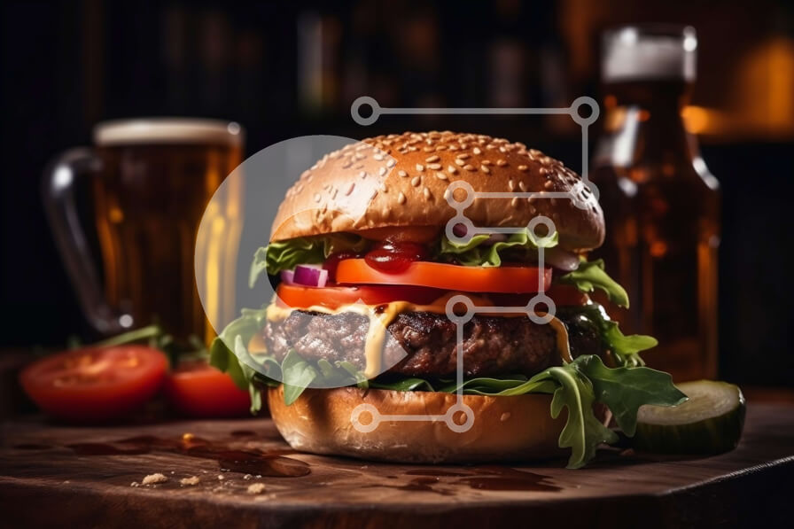 Σετ των 2 Intra Συλλεκτικό Ξύλινο Παζλ Plywood  4mm - Λαχταριστό Cheeseburger με φρέσκα λαχανικά και μπουκάλια μπύρας στο βάθος Σε Ξύλινο Κουτί - Διαστάσεις: 10x10 cm – 25 κομμάτια